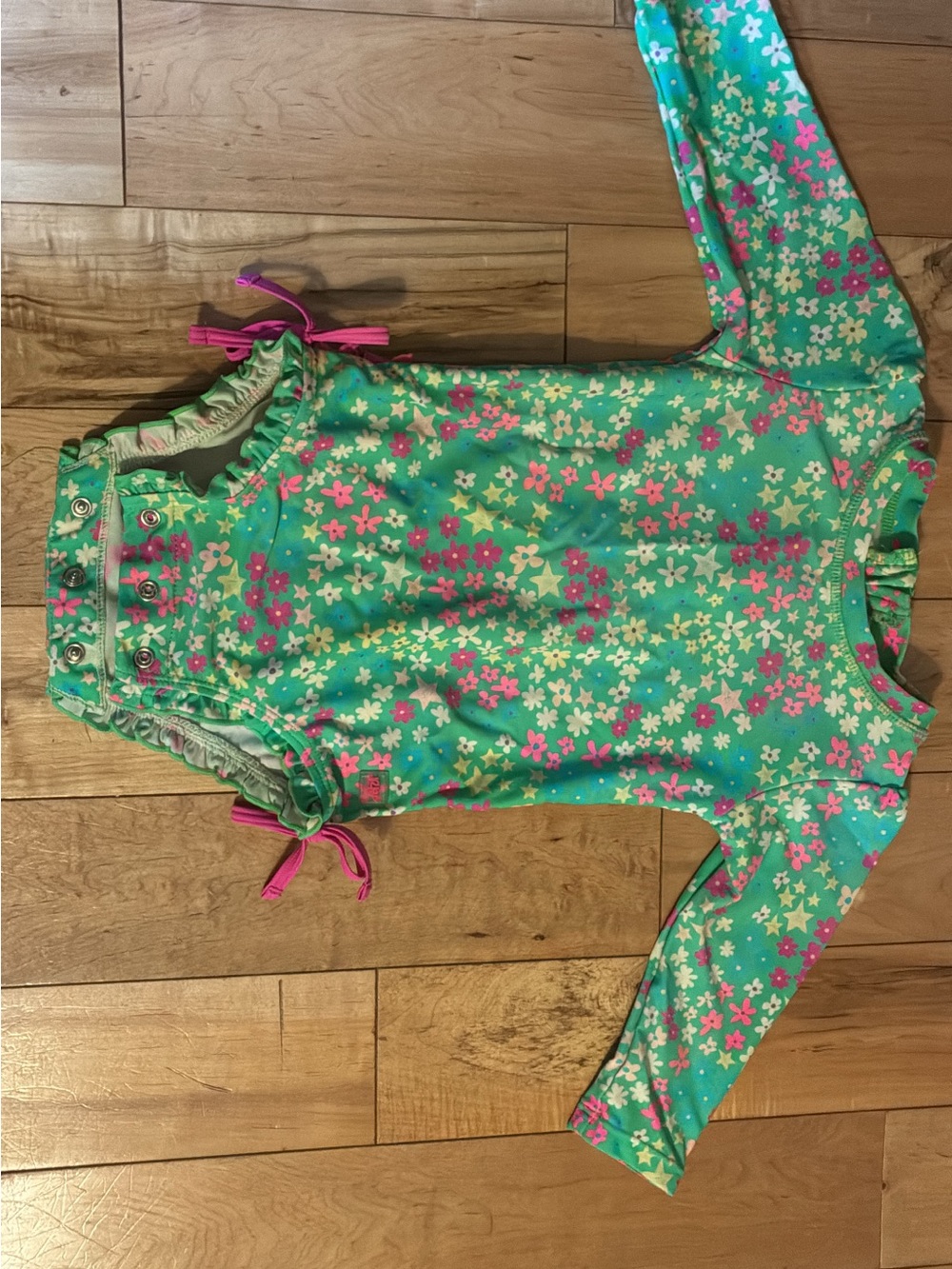 Girls Floral Long-Sleeve One-Piece Swimsuit - Teal & Pink Flowers
